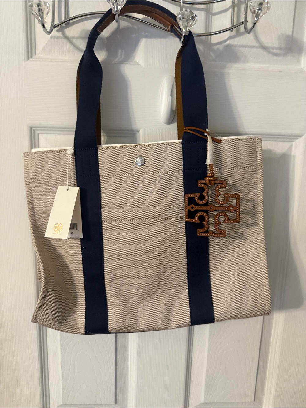 Tory Burch Beige Canvas Tote with Navy Straps and Brown Logo Charm